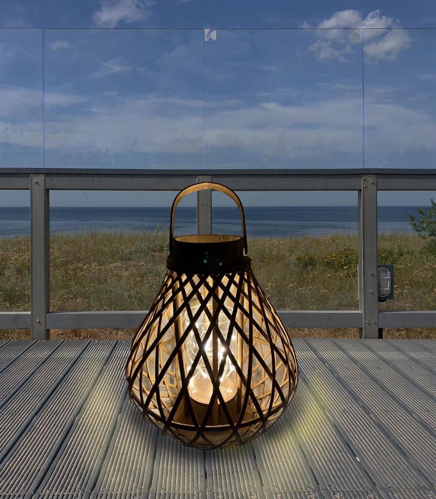 Laterne aus Bambus rund mit Griff und Glaseinsatz