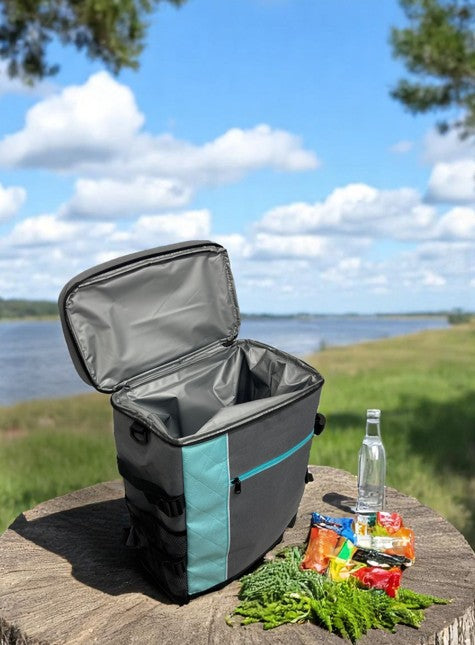 Kühltasche als Rucksack Farbe grau mit Streifen in der Farbe Türkis