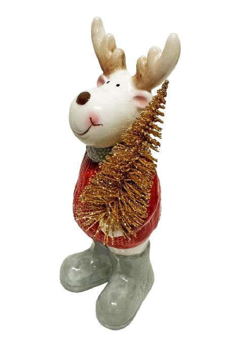 Deko Figur Elch aus Dolomit mit Baum aus Metall rot weiss H15cm