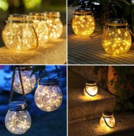 LED Solar Windlicht Glas 
Crackle D:12cm H:14.5cm 
mit Henkel 
20 LED Microlight