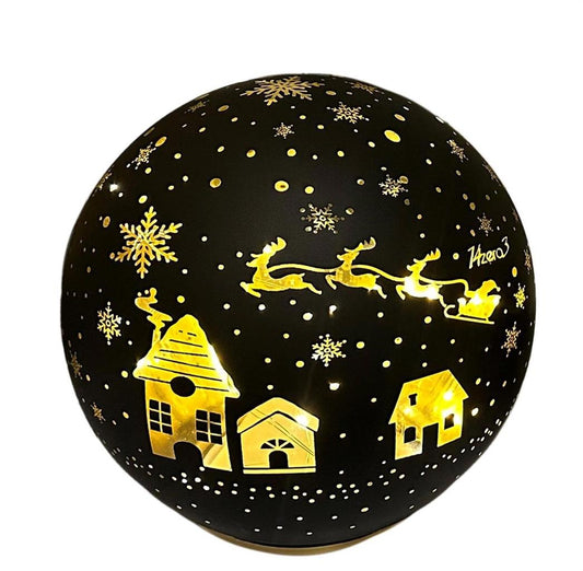 LED Glas Kugel schwarz mit 10 LED D:15cm Motiv: Weihnachtsdorf