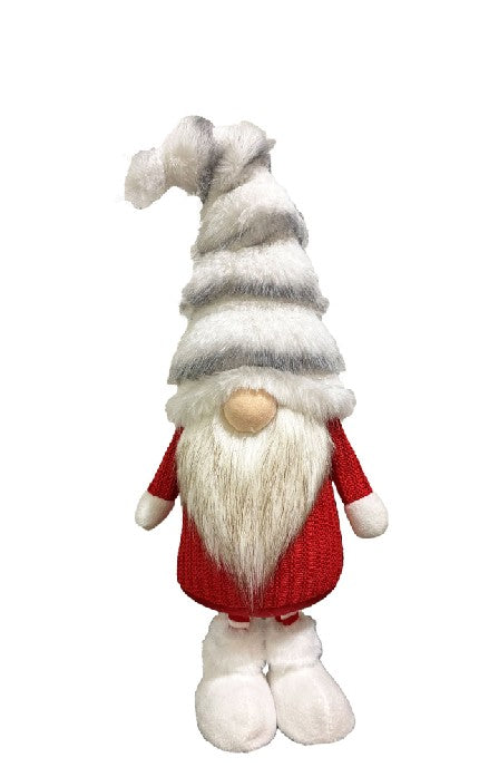 Deko Wichtel stehend rot weiss mit flauschiger Mütze grau weiss