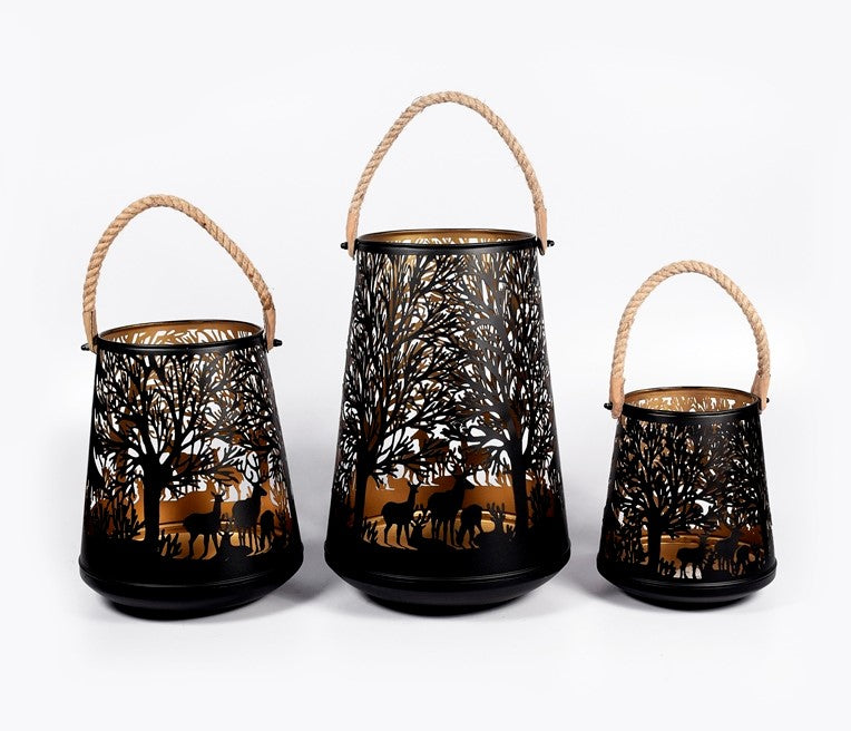 Laterne Forest mit Kordel aus Metall schwarz gold D20cm x H23cm