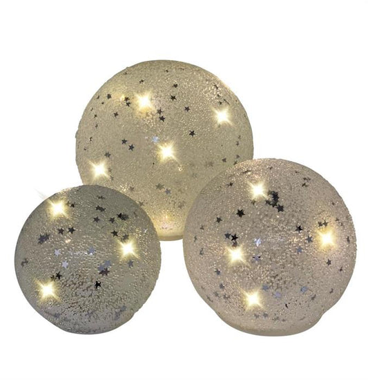 LED Glas Kugel 3er Set weiss
mit kleinen Sternen
Total 23 LED
D:10.5cm / 12cm / 15cm