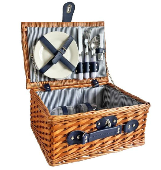 Picknick Korb für 2 Personen hellbraun blau gestreift