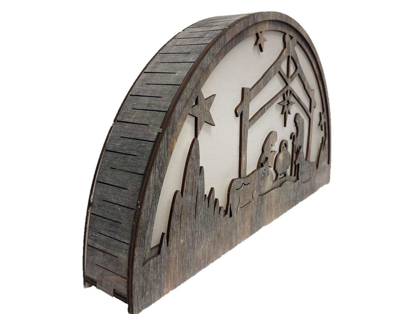 LED XMAS Bogen mit Krippenszene
mit Hologrammfolie und10 LED
Farbe: braun