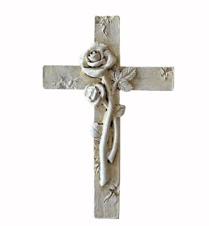 Kreuz aus Polyresin H10.5cm grau verziert mit Blume