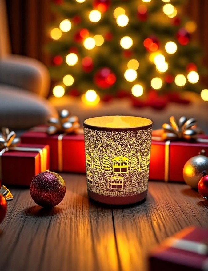 Windlicht aus Glas Bergdorfmotiv rot weiss