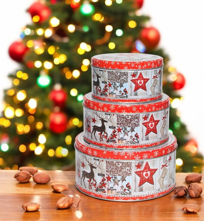 Guetzlidosen 3er Set rund mit XMAS Motiv Stern und Rentier Weissblech