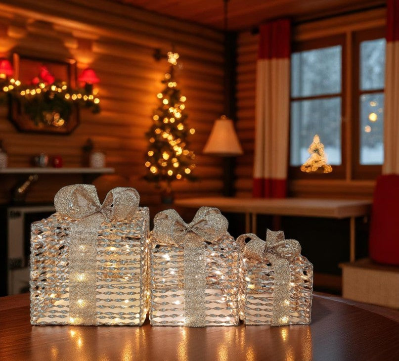 LED Geschenkboxen 3er Set gold mit Glitter mit warm weissen 20LED Indoor