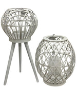 Laterne aus Bambus rund auf Füssen mit Glaseinsatz