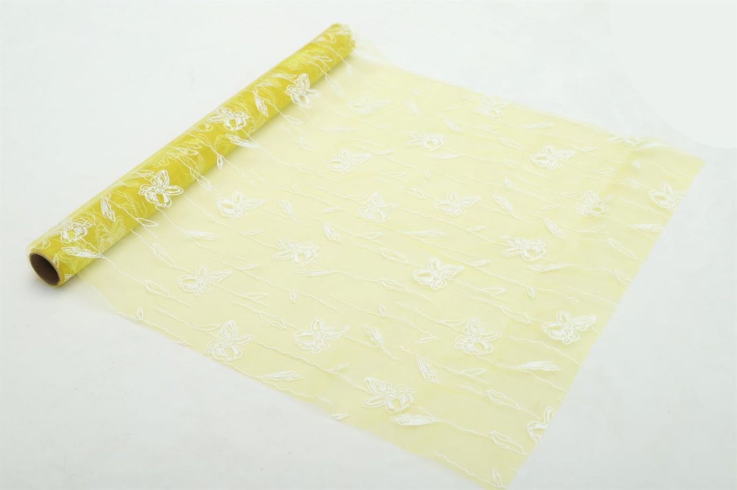 Dekostoff "Organza" gerollt und geschnitten gelb Schmetterlingdruck
Grösse: 36cm x 300cm