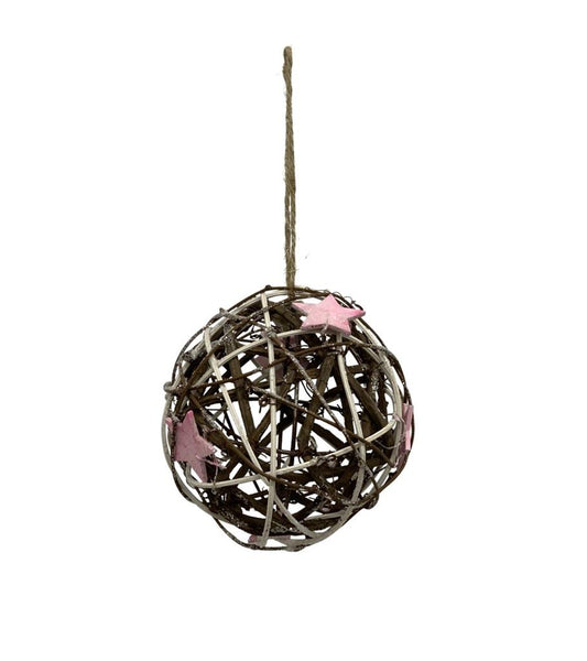 Deko Kugel aus Holz D:14cm mit rosa Sternen dekoriert und Kordel zum Hängen