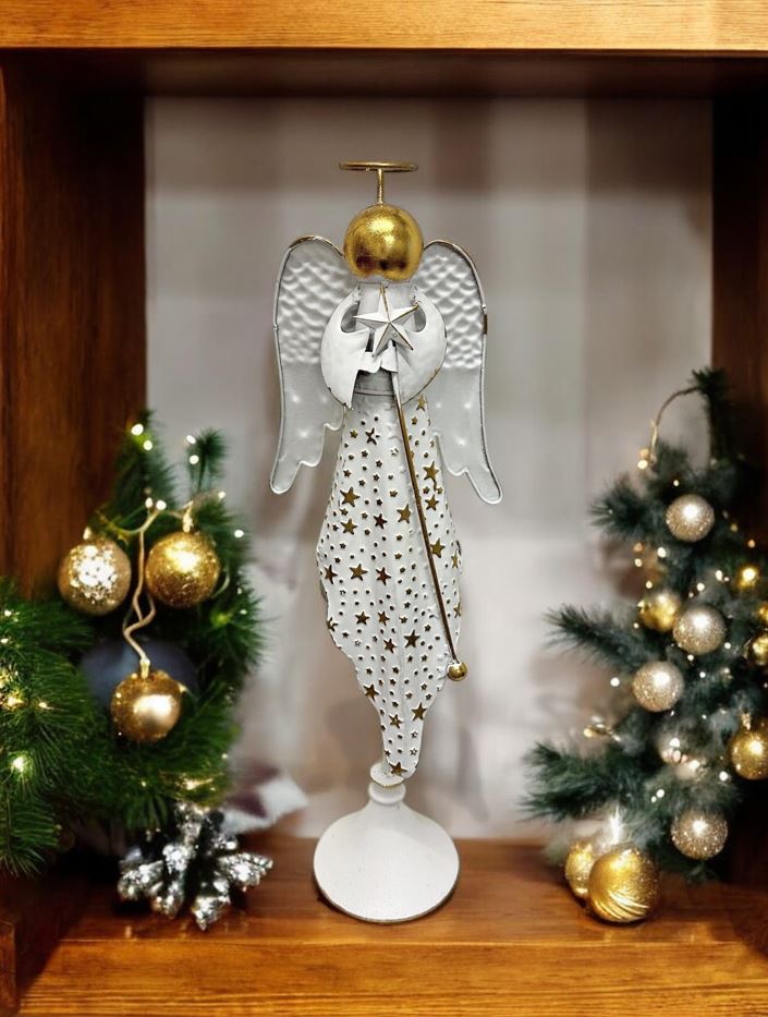 Deko Engel aus Metall mit Stern altweiss gold H56.5cm
