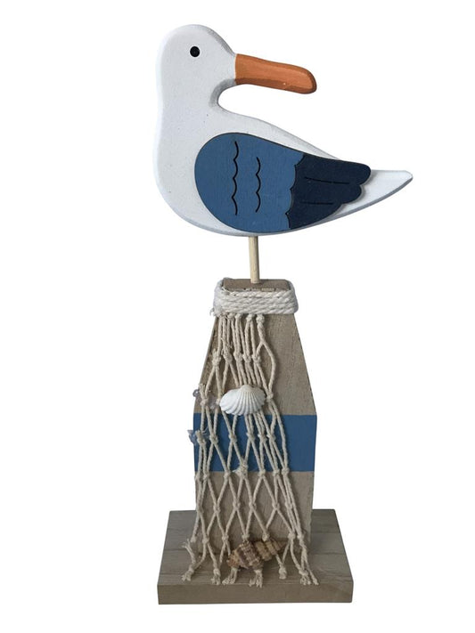 Deko Möwe auf Sockel aus Holz 
mit Netz und Muscheln
Farbe: Weiss/Blau