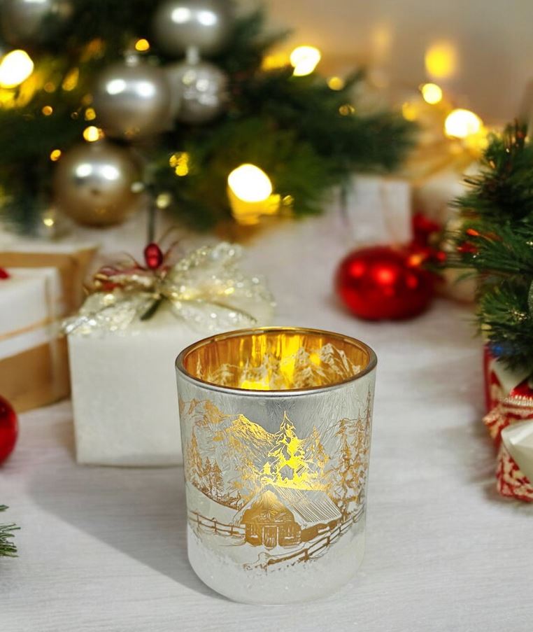 Windlicht aus Glas Bergdorfmotiv silber H7.8cm