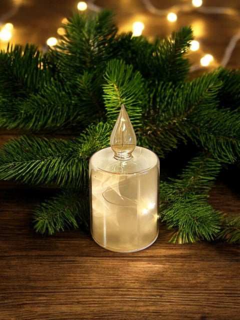 LED Glas Deko als Kerze transparent gold mit 10 LED Sternenmotive 3D