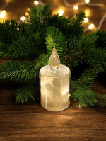 LED Glas Deko als Kerze transparent gold mit 10 LED Sternenmotive 3D