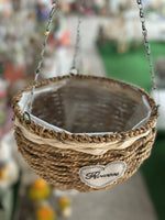 Pflanzkorb rund aus 
Seegras Geflecht 
zum Hängen mit 
Metallrahmen und Kette