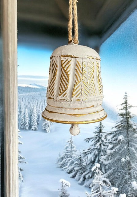 Deko Glocke aus Metall altweiss gold H14cm