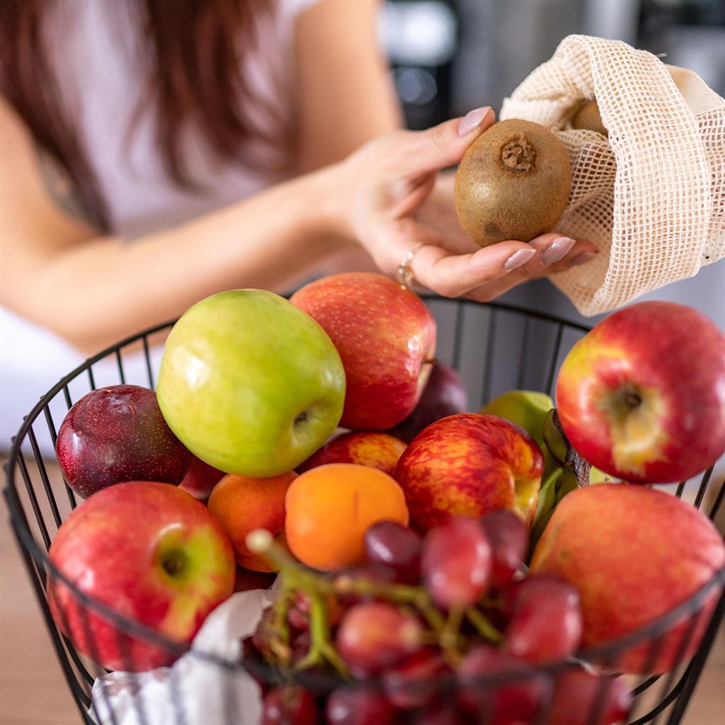 Obstbeutel 4er Set 3 Obst- und Gemüsebeutel plus 1 Brottasche aus 100% Biobaumwolle