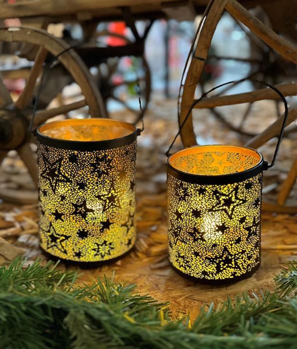 Windlicht 2er Set schwarz aus Metall mit Sternen Design und Henkel