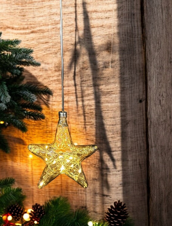 LED Glas Stern organisch gold, transparent mit 12 LED D12cm Tube Batteriefach