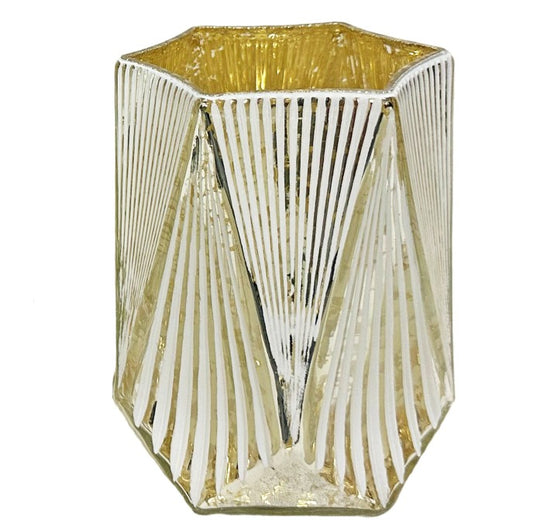 Windlicht 6 eckig Glas 
matt weiss Innen gold 
D11.5cm x H13.5cm