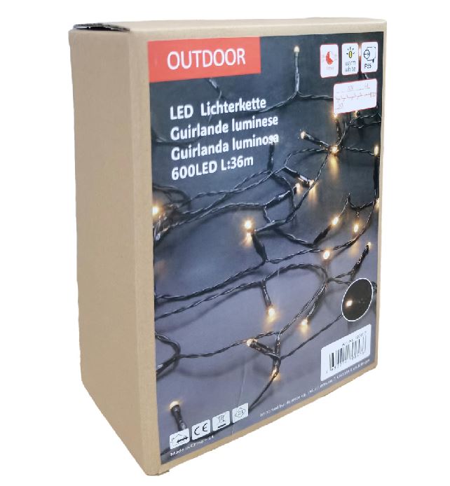 LED Outdoor Lichterkette 600 LED Warm weisses Licht L: 36m - Kabelfarbe: Grün