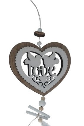 Hänger Herz aus 
Holz L:70cm
Design: Love / Tauben
Farbe: Weiss/Braun