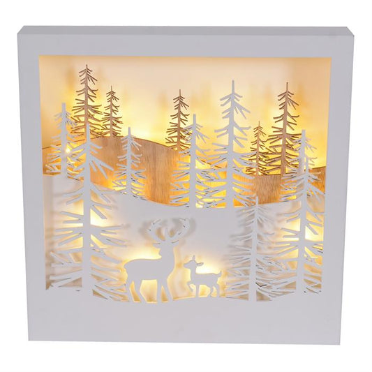 LED Deko Aufsteller Winterlandschaft Hirsche,18 LED H: 30cm
Grösse: 30x5x30cm, Holz weiss