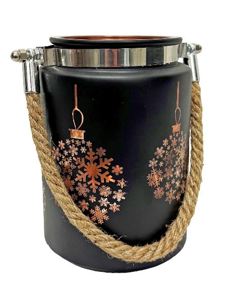 Windlicht aus Glas 
Motiv: Schneekugel 
Schwarz/gold 
H14.5cm