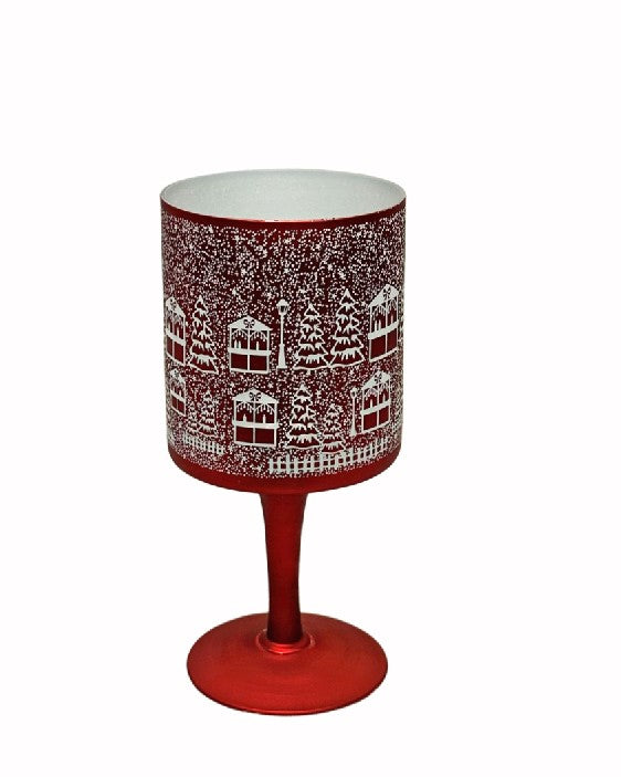 Windlicht Kelch aus Glas Bergdorfmotiv rot weiss