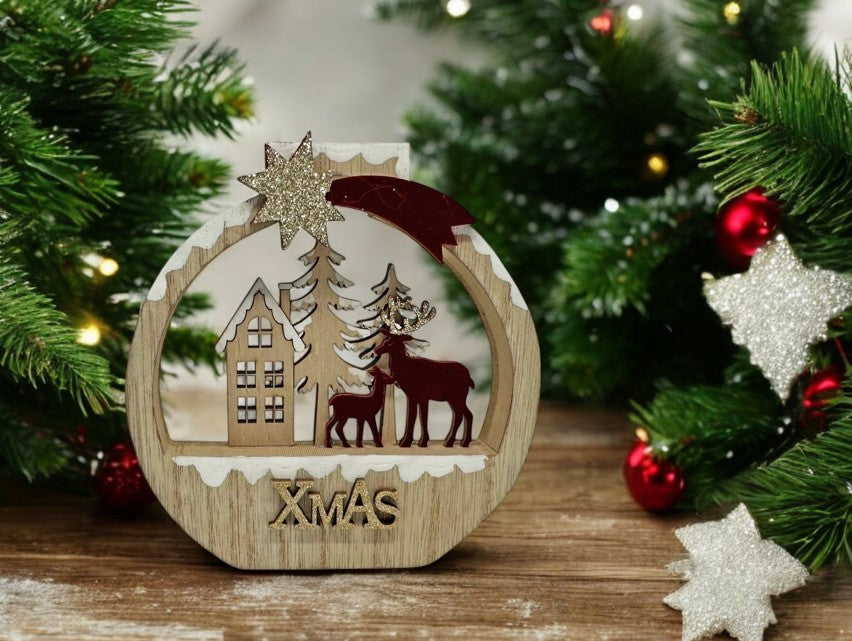Deko Aufsteller rund naturfarben mit Rentier und Wald aus Holz goldiger Stern