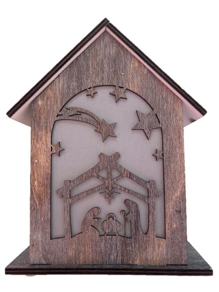 LED XMAS Haus mit Krippenszene
mit Hologrammfolie und 10 LED
Farbe: Braun