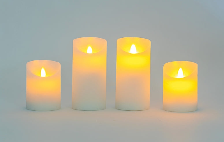 Bougie en cire LED lot de 4 flamme mobile rustique blanche
 P:7cm / 2x H:10cm + 2x H:15cm