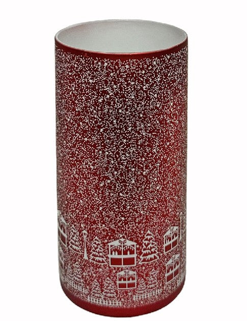 Windlicht aus Glas Bergdorfmotiv rot weiss