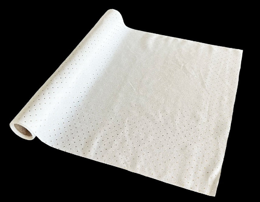 Dekostoff weiss + goldige Punkte Design:Punkte 36cm x 300cm - gerollt