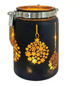 Windlicht aus Glas 
Motiv: Schneekugel 
Schwarz/gold 
H14.5cm