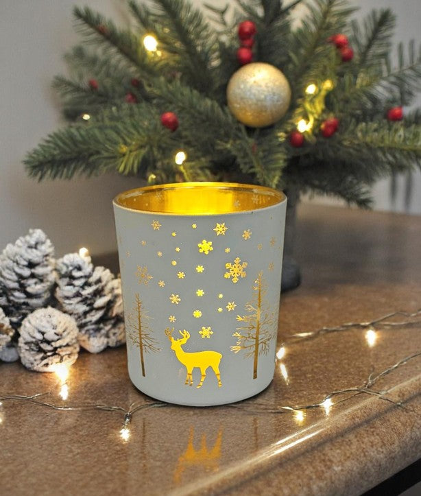 Windlicht aus Glas Farbe: Weiss / Gold D:8.8cm H:10cm