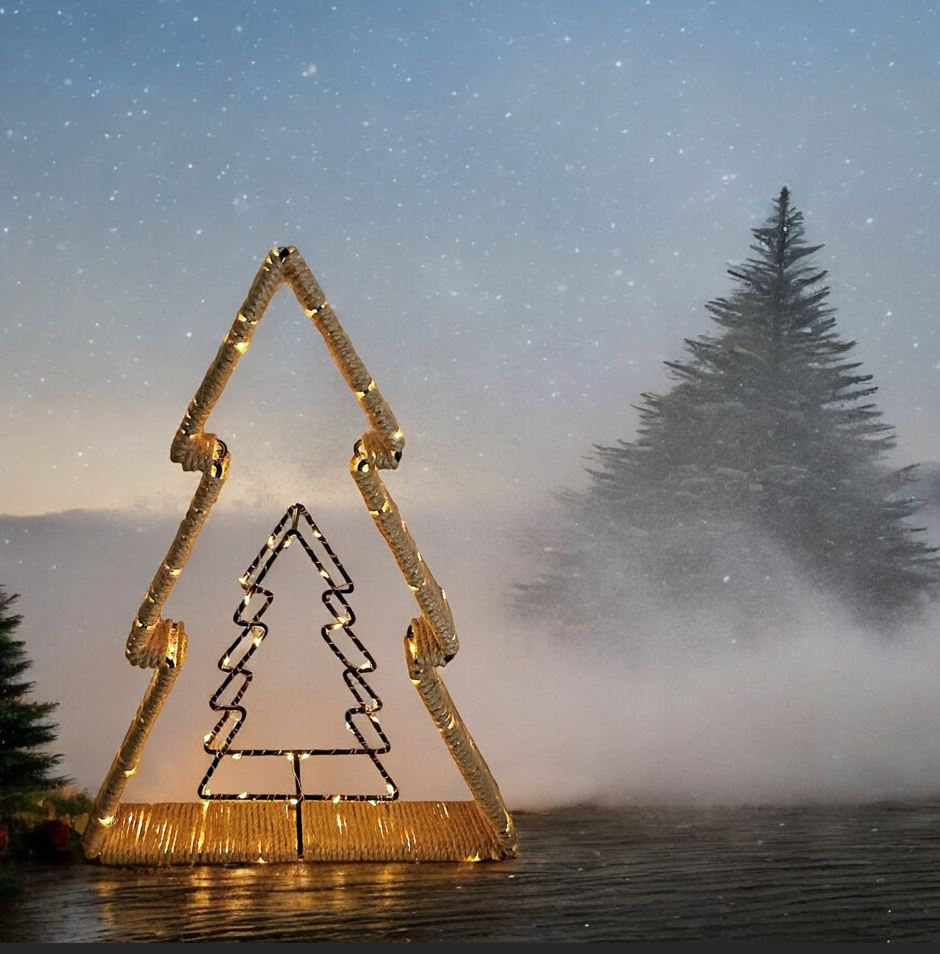 LED Tannenbaum aus Metall umringt mit Seil Schnur in der Mitte kleiner Stern schwarz