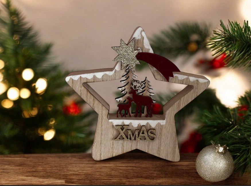 Deko Aufsteller Stern mit Rentier und Wald aus Holz