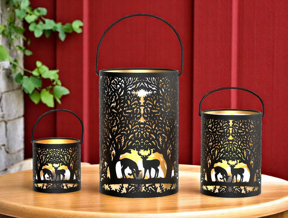 Windlicht Forest 3er Set mit Henkel aus Metall schwarz gold