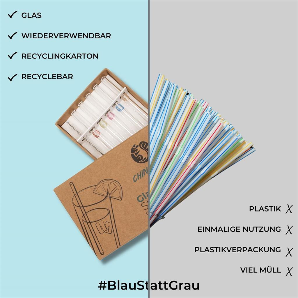 Trinkhalme Glas 6er Set 5 Trinkhalme plus Reinigungsbürste Länge 23cm