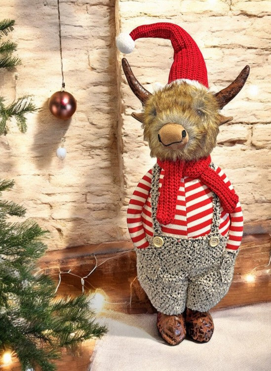 Deko Hochlandrind stehend mit Santa Mütze 20x23x72cm