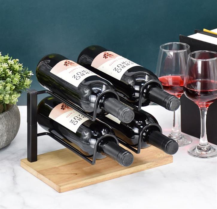 Weinregal für 4 Flaschen aus Metall und Holz in Braun