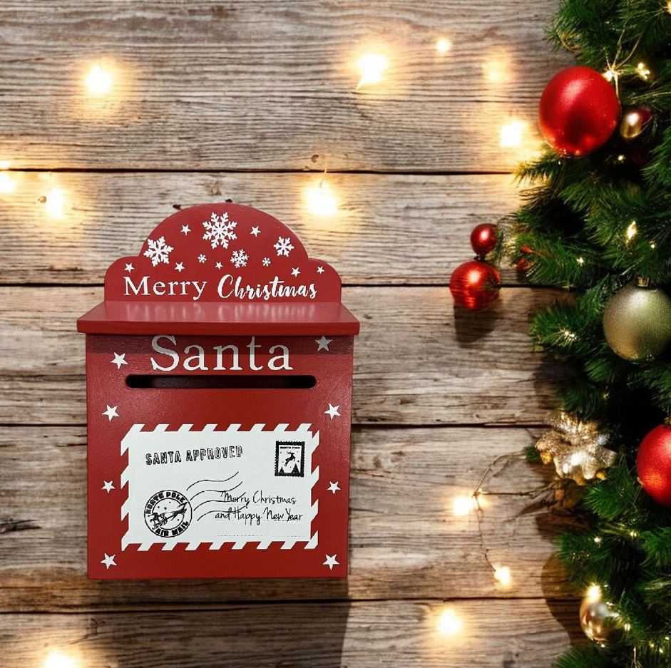 Deko Briefkasten Santa aus Holz bemalt in der Farbe rot H29cm