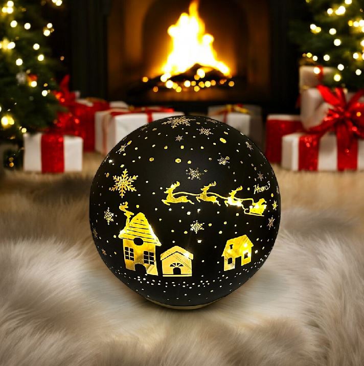 LED Glas Kugel schwarz mit 10 LED D:15cm Motiv: Weihnachtsdorf