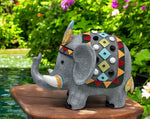 Deko Elefant 
grau mit buntem Sattel und Kopfschmuck 
11.5 x19.5 x15.5cm