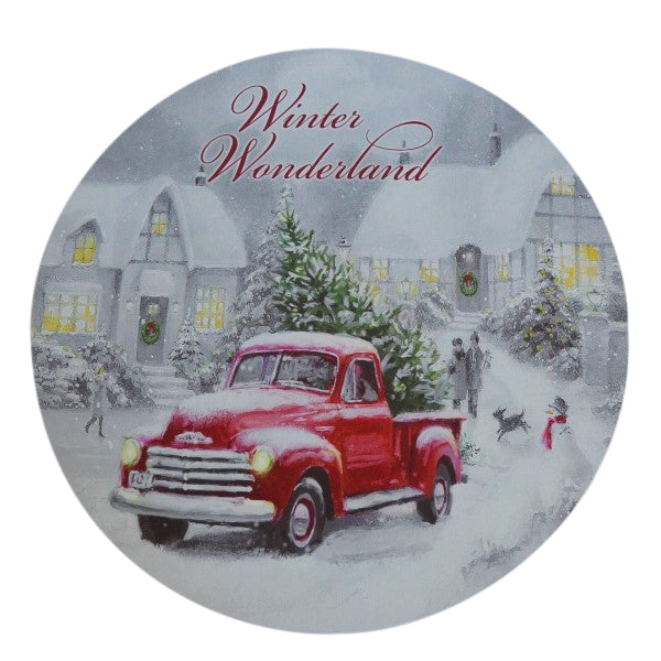 Tableau LED rond en toile 4 LED
 Motif : Voiture rouge - Winter Wonderland
 D:40 cm D:1,8 cm